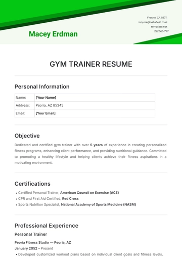 Free Gym Trainer Resume Template to Edit Online