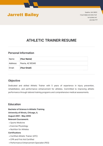 Free Athletic Trainer Resume Template to Edit Online