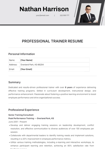 Free Professional Trainer Resume Design Template to Edit Online