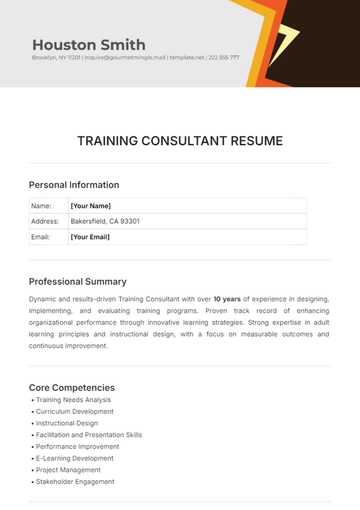 Free Training Consultant Resume Template to Edit Online