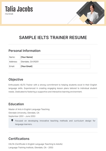 Free Sample IELTS Trainer Resume Template to Edit Online