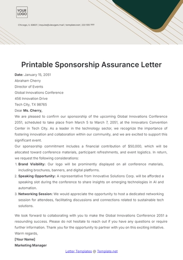 Free Printable Sponsorship Assurance Letter Template to Edit Online