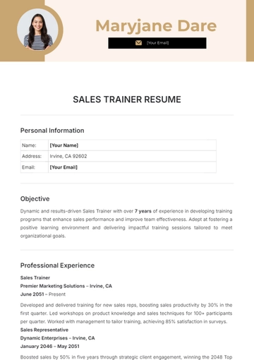Free Sales Trainer Resume Template to Edit Online