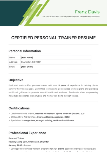 Free Certified Personal Trainer Resume Template to Edit Online