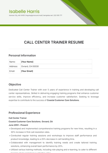 Free Call Center Trainer Resume Template to Edit Online