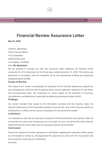 Free Financial Review Assurance Letter Template to Edit Online
