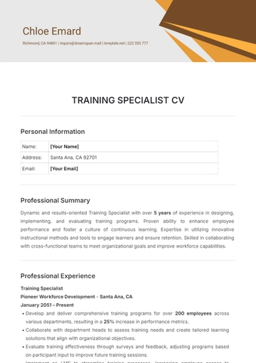 Free Training Specialist CV Template to Edit Online