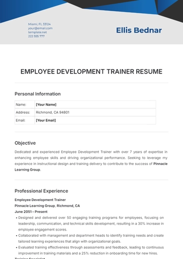 Free Employee Development Trainer Resume Template to Edit Online