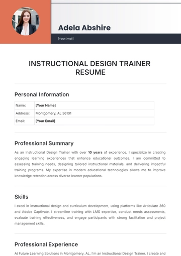 Free Instructional Design Trainer Resume Template to Edit Online