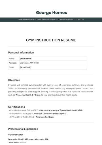 Free Gym Instructor Resume Template to Edit Online