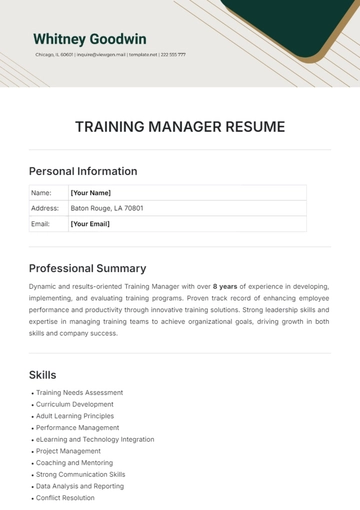Free Training Manager Resume Template to Edit Online