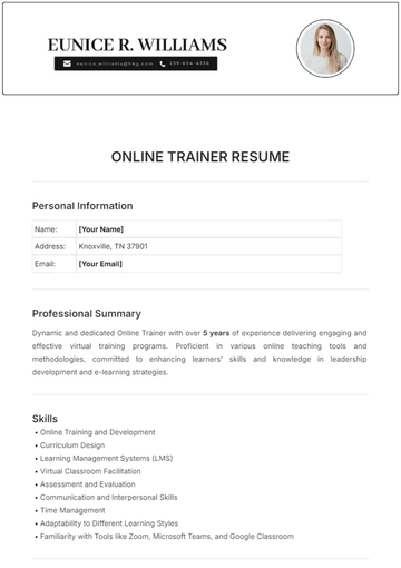 Free Online Trainer Resume Template to Edit Online