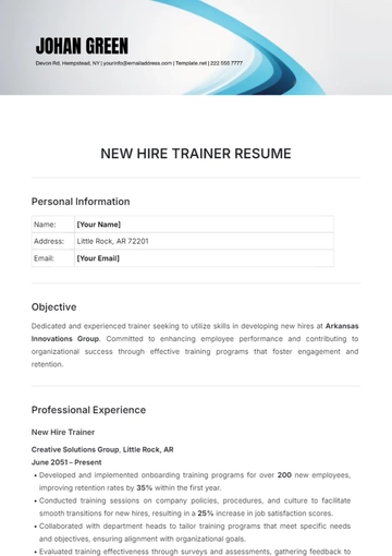 Free New Hire Trainer Resume Template to Edit Online