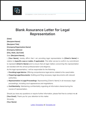 Free Blank Assurance Letter for Legal Representation Template to Edit Online