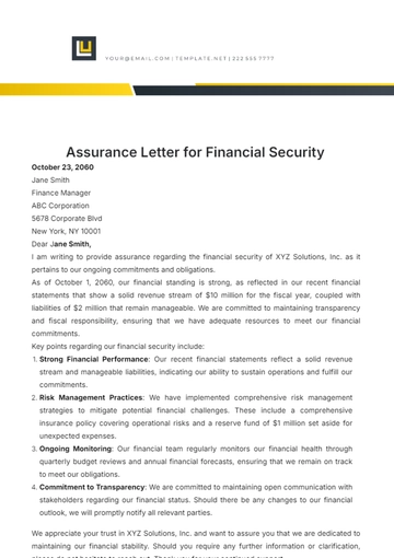 Free Assurance Letter for Financial Security Template to Edit Online