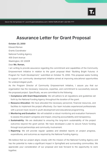 Free Assurance Letter for Grant Proposal Template to Edit Online