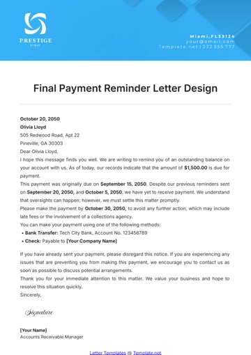 Free Final Payment Reminder Letter Design Template to Edit Online
