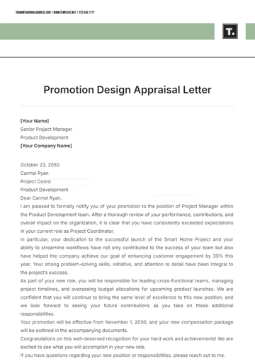 Free Promotion Design Appraisal Letter Template to Edit Online