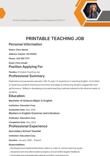 Free Printable Teaching Job CV Template to Edit Online