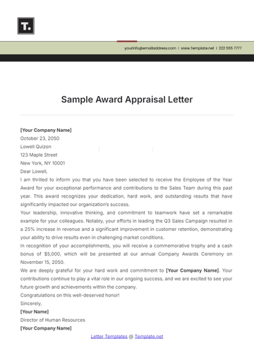 Free Sample Award Appraisal Letter Template to Edit Online