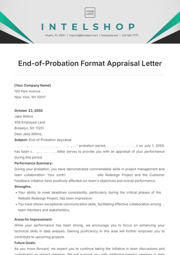 Free End-of-Probation Format Appraisal Letter Template to Edit Online