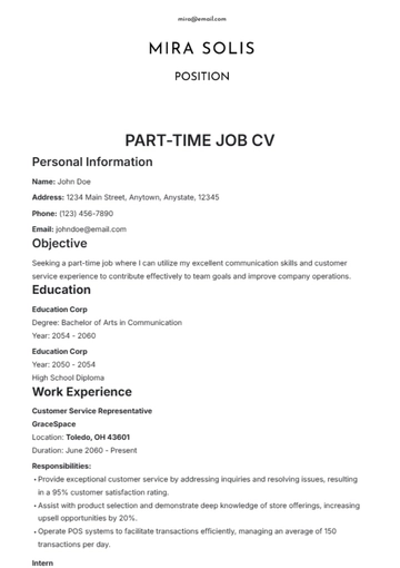 Free Part-Time Job CV Template to Edit Online