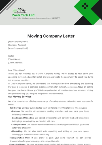 Free Moving Company Letter Template to Edit Online