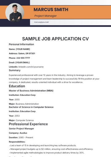 Free Sample Job Application CV Template to Edit Online