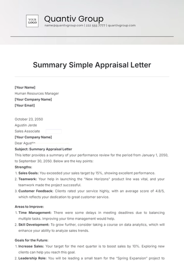 Free Summary Simple Appraisal Letter Template to Edit Online