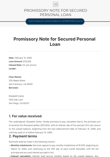 Free Promissory Note for Secured Personal Loan Template to Edit Online