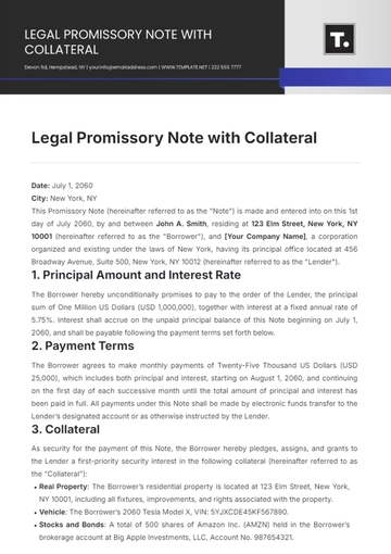Free Legal Promissory Note with Collateral Template to Edit Online