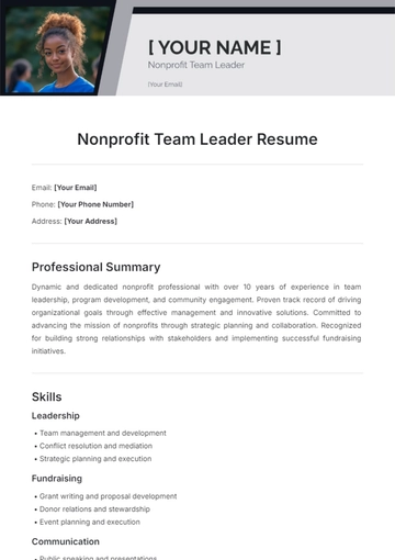 Free Nonprofit Team Leader Resume Template to Edit Online