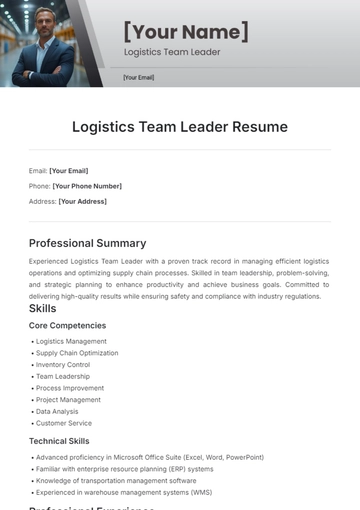 Free Logistics Team Leader Resume Template to Edit Online