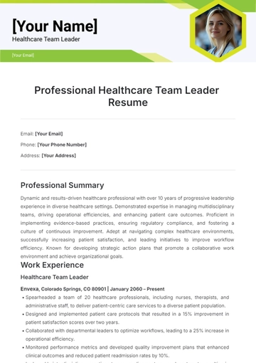 Free Professional Healthcare Team Leader Resume Template to Edit Online