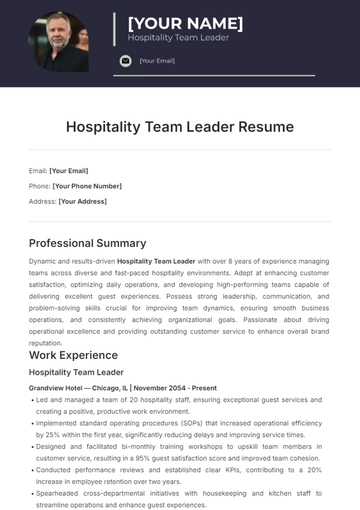 Free Hospitality Team Leader Resume Template to Edit Online