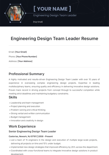 Free Engineering Design Team Leader Resume Template to Edit Online