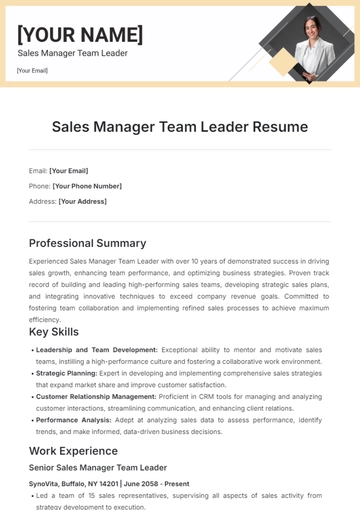 Free Sales Manager Team Leader Resume Template to Edit Online