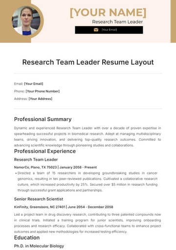 Free Research Team Leader Resume Layout Template to Edit Online