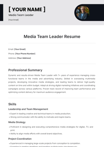 Free Media Team Leader Resume Template to Edit Online