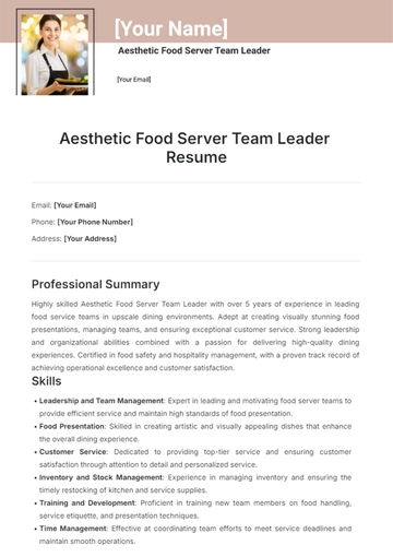 Free Aesthetic Food Server Team Leader Resume Template to Edit Online