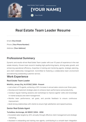 Free Real Estate Team Leader Resume Template to Edit Online