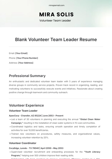 Free Blank Volunteer Team Leader Resume Template to Edit Online