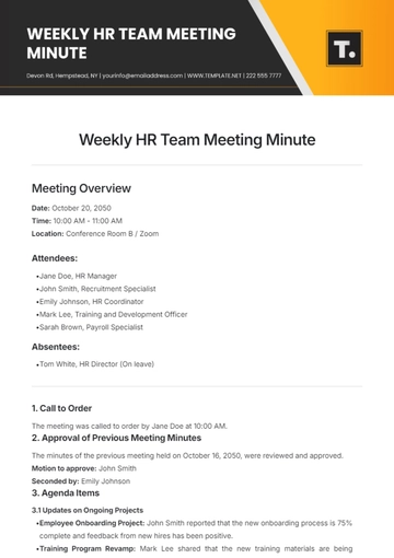 Free Weekly HR Team Meeting Minute  Template to Edit Online