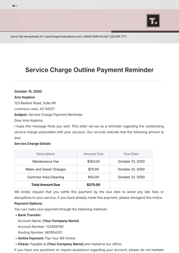 Free Service Charge Outline Payment Reminder Template to Edit Online