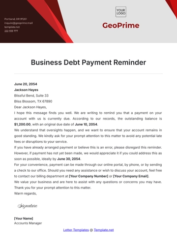 Free Business Debt Payment Reminder Template to Edit Online