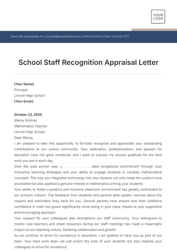 Free School Staff Recognition Appraisal Letter Template to Edit Online