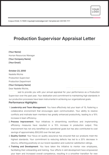 Free Production Supervisor Appraisal Letter Template to Edit Online