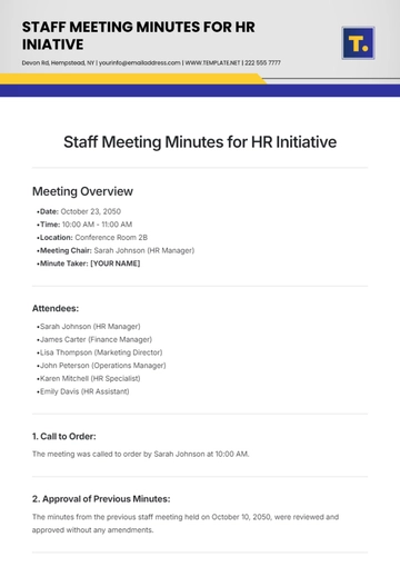 Free Staff Meeting Minutes for HR Initiative  Template to Edit Online