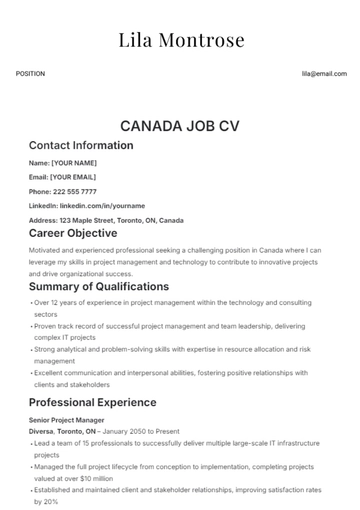 Free Canada Job CV Template to Edit Online