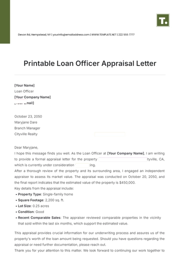 Free Printable Loan Officer Appraisal Letter Template to Edit Online